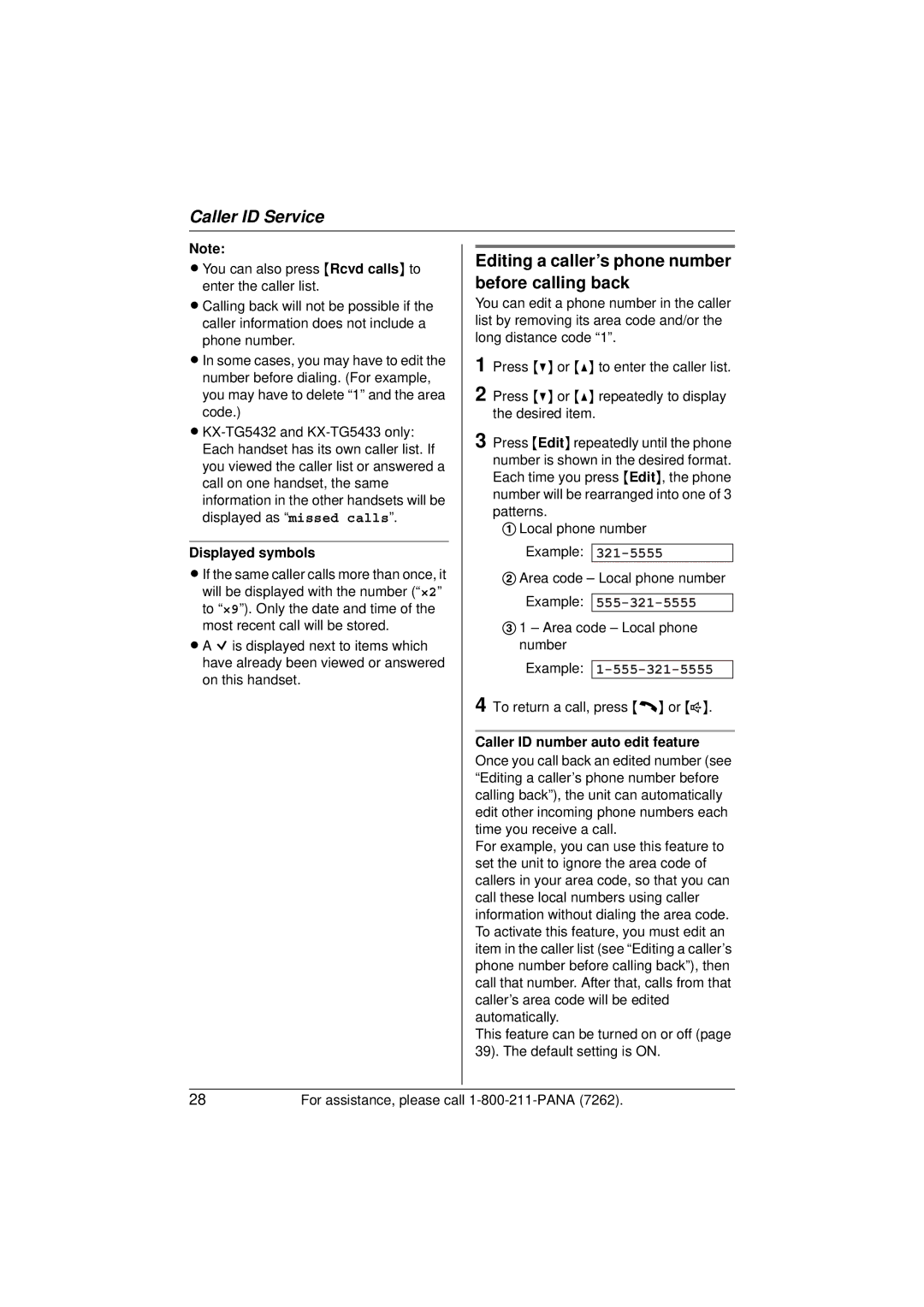 Panasonic KX-TG5433 operating instructions Editing a caller’s phone number before calling back, Displayed symbols, Example 