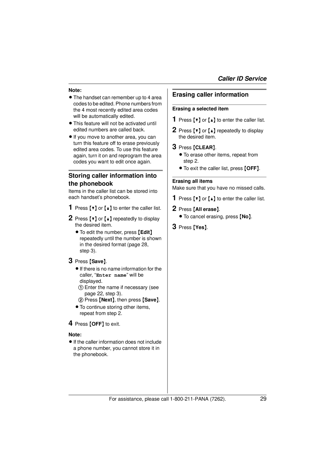 Panasonic KX-TG5433 Storing caller information into the phonebook, Erasing caller information, Erasing a selected item 