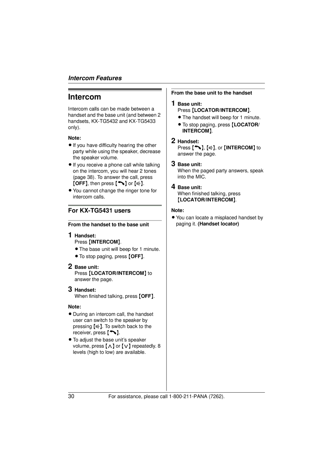 Panasonic KX-TG5433 operating instructions Intercom, For KX-TG5431 users, From the handset to the base unit Handset 