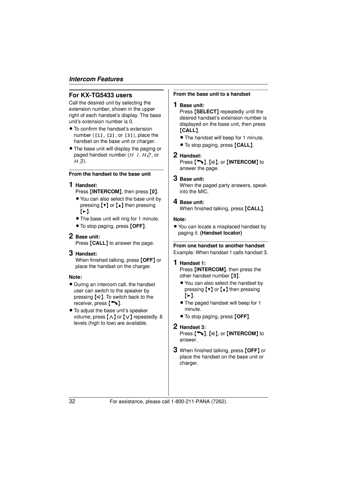 Panasonic KX-TG5433 operating instructions From the base unit to a handset Base unit, From one handset to another handset 