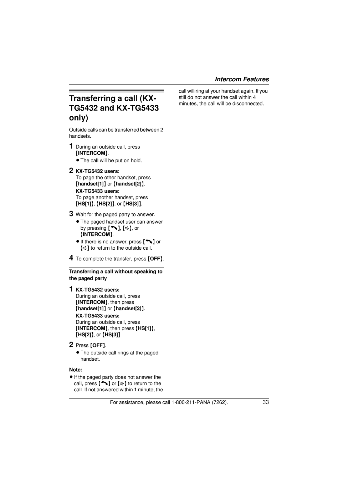 Panasonic operating instructions Transferring a call KX, TG5432 and KX-TG5433, Only 