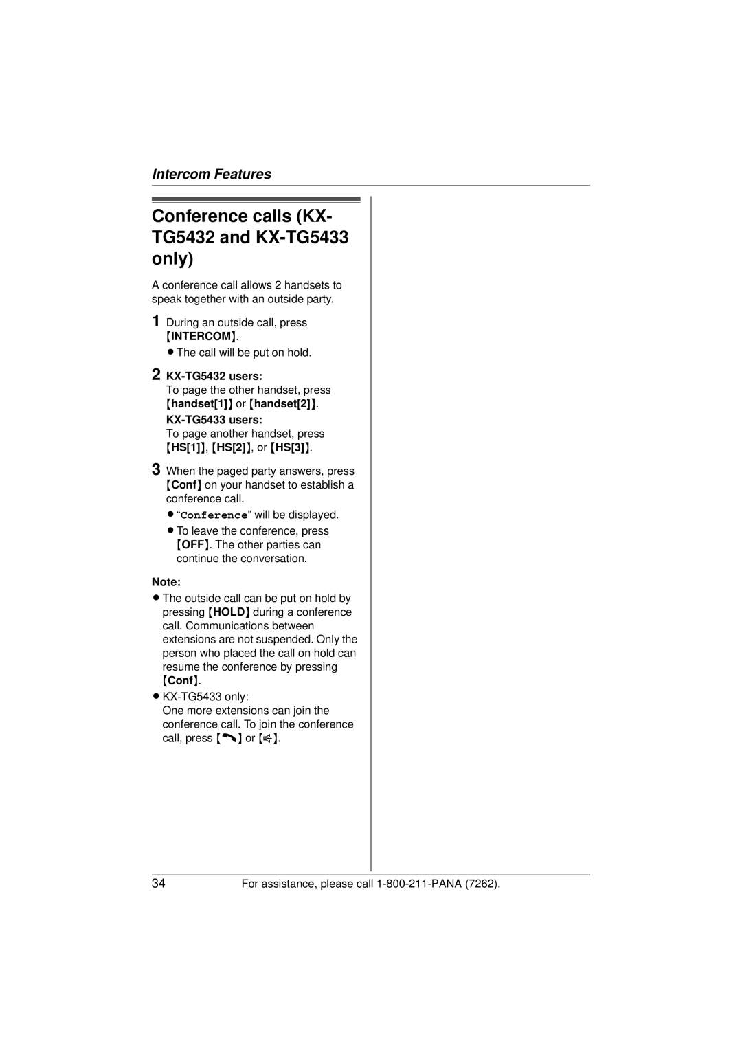 Panasonic operating instructions Conference calls KX- TG5432 and KX-TG5433 only 