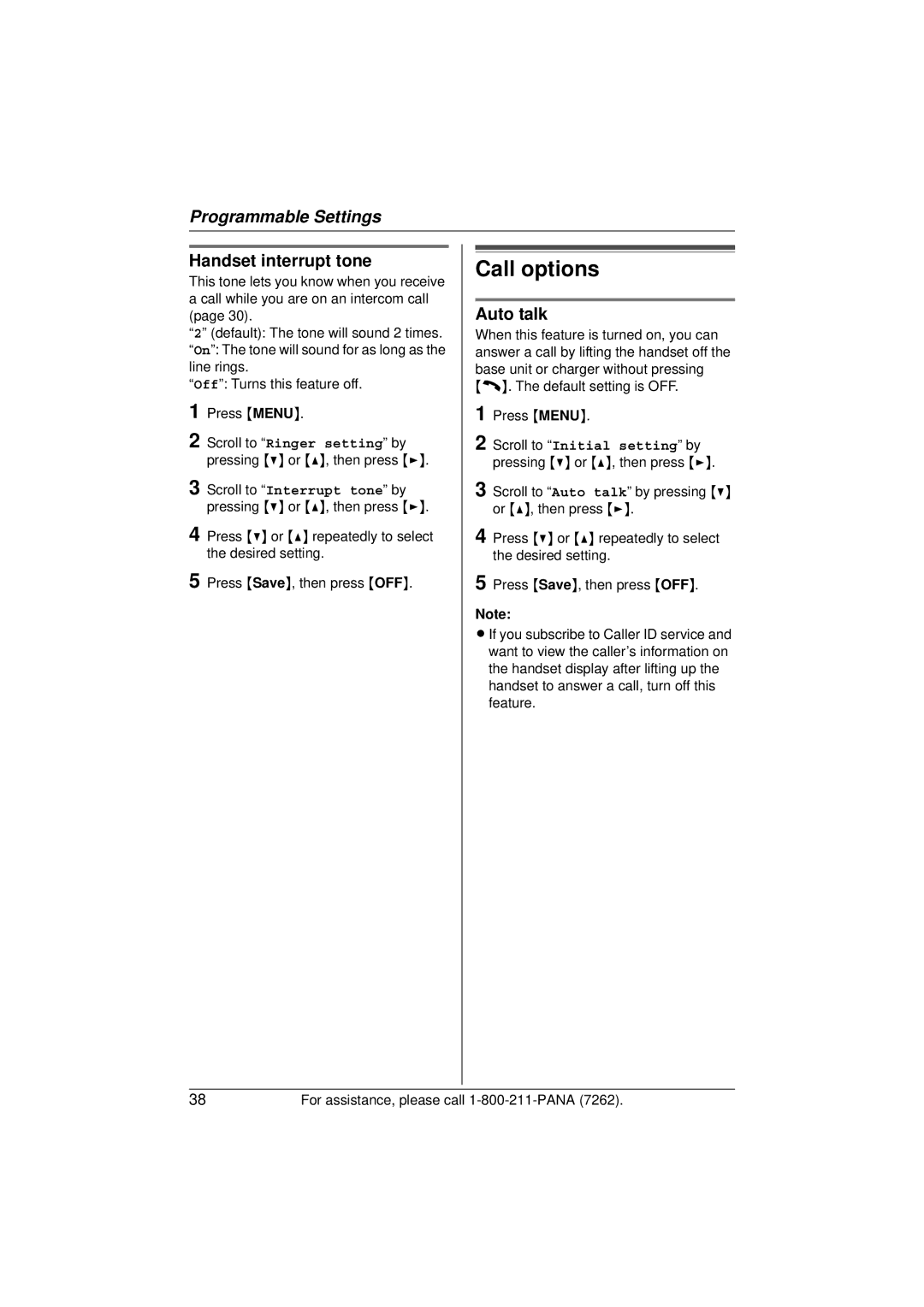 Panasonic KX-TG5433 operating instructions Call options, Handset interrupt tone, Auto talk 