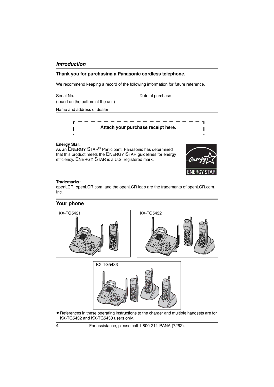 Panasonic KX-TG5433 operating instructions Your phone, Energy Star, Trademarks 