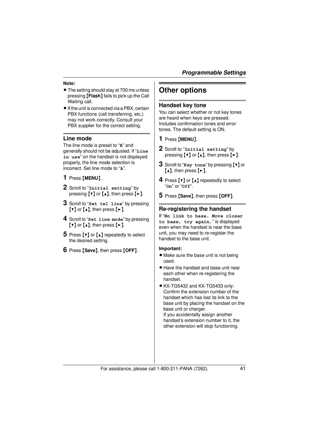 Panasonic KX-TG5433 operating instructions Other options, Line mode, Handset key tone, Re-registering the handset 