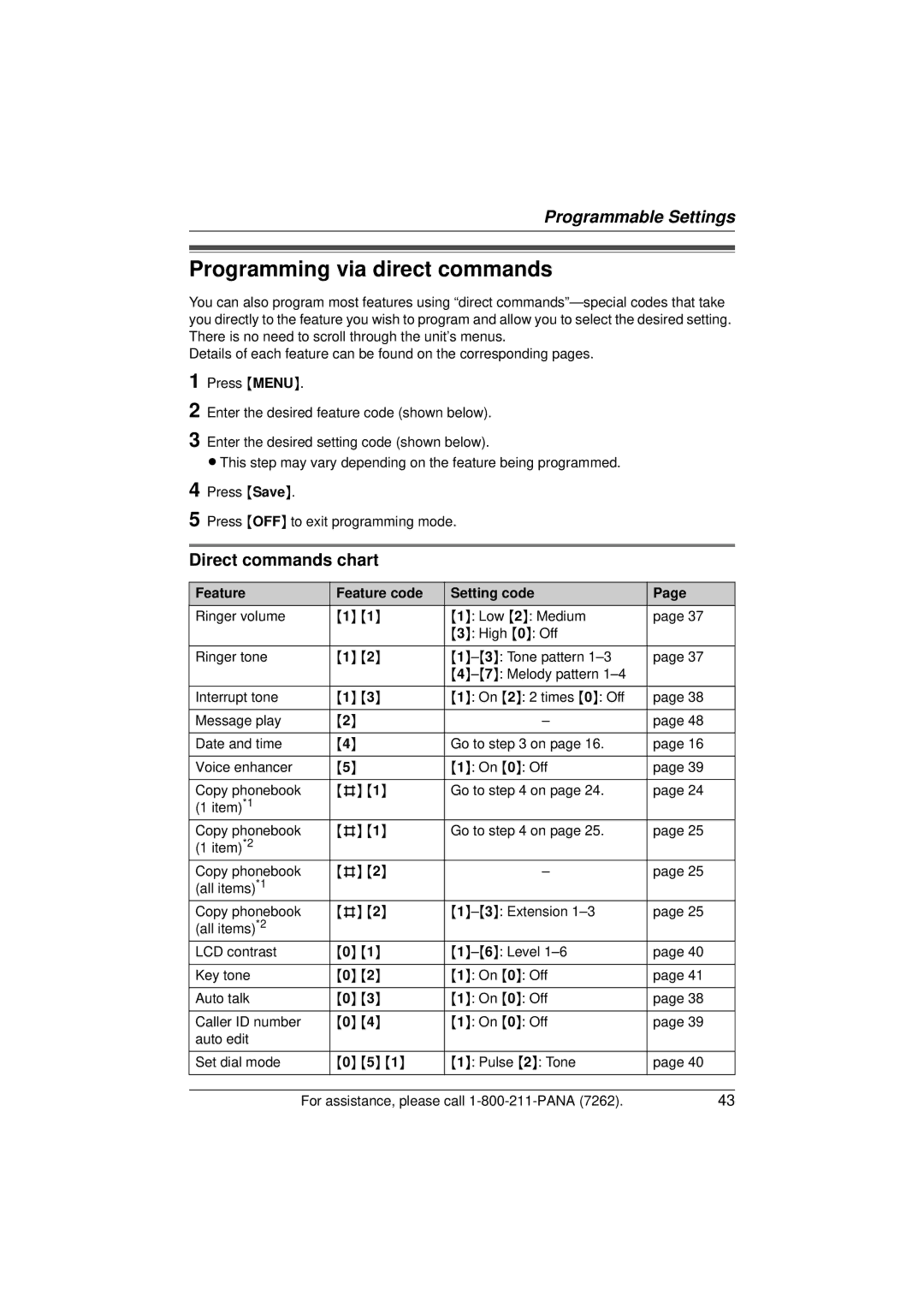 Panasonic KX-TG5433 Programming via direct commands, Direct commands chart, Feature Feature code Setting code 