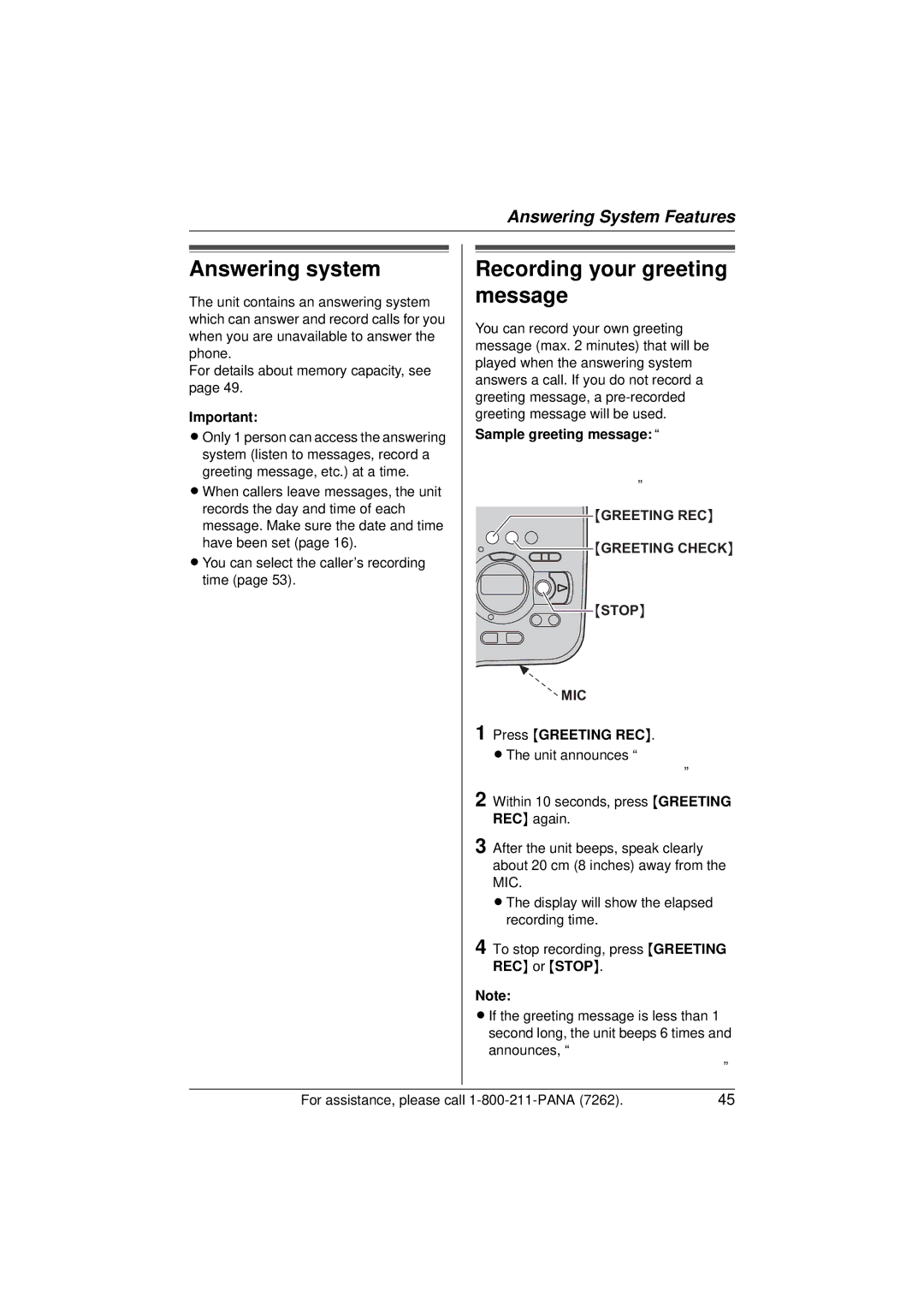 Panasonic KX-TG5433 operating instructions Answering system 