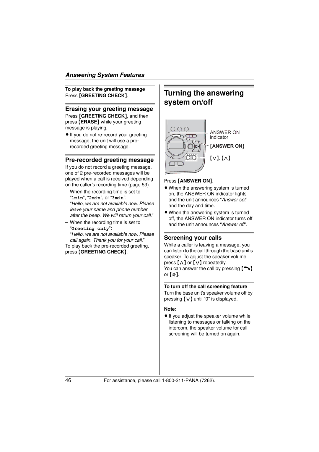 Panasonic KX-TG5433 Erasing your greeting message, Pre-recorded greeting message, Screening your calls 