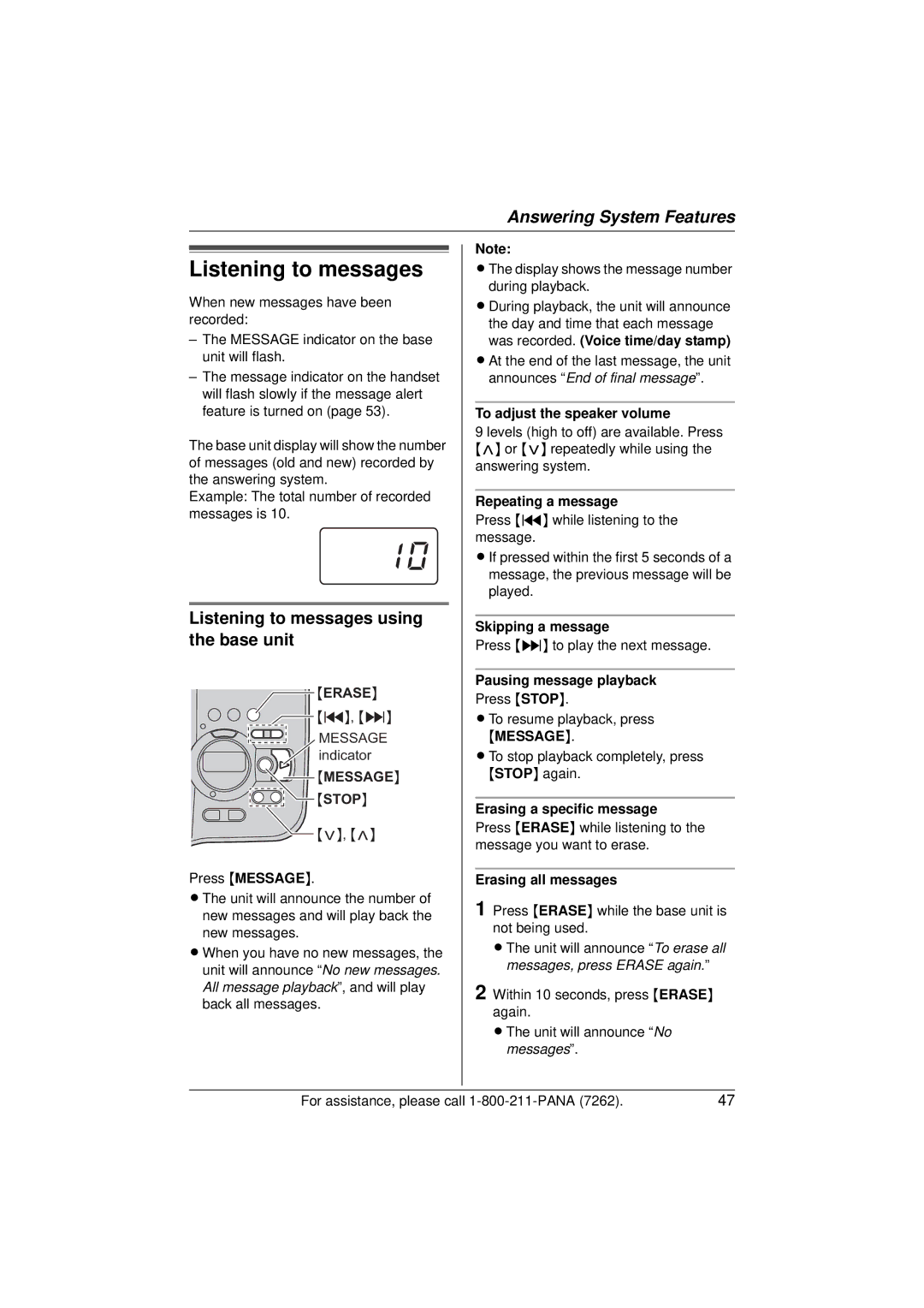 Panasonic KX-TG5433 operating instructions Listening to messages using the base unit 