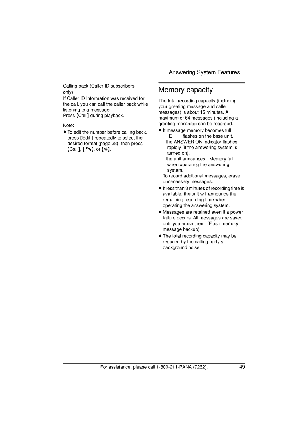 Panasonic KX-TG5433 operating instructions Memory capacity, Calling back Caller ID subscribers only 