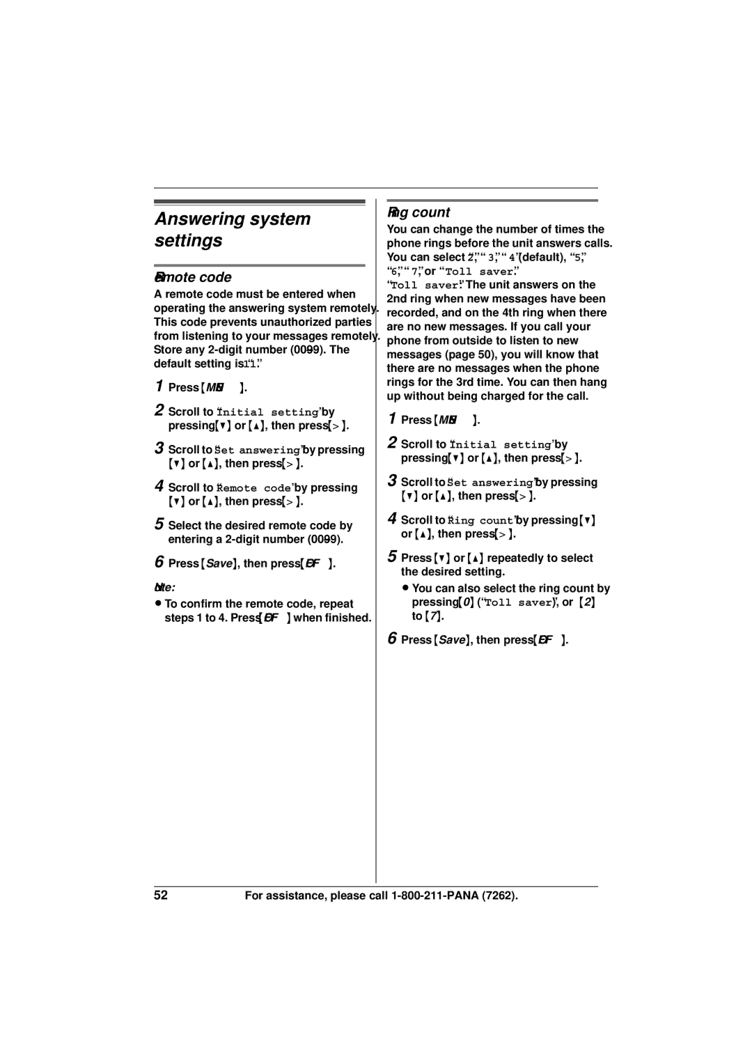 Panasonic KX-TG5433 operating instructions Answering system settings, Remote code, Ring count 