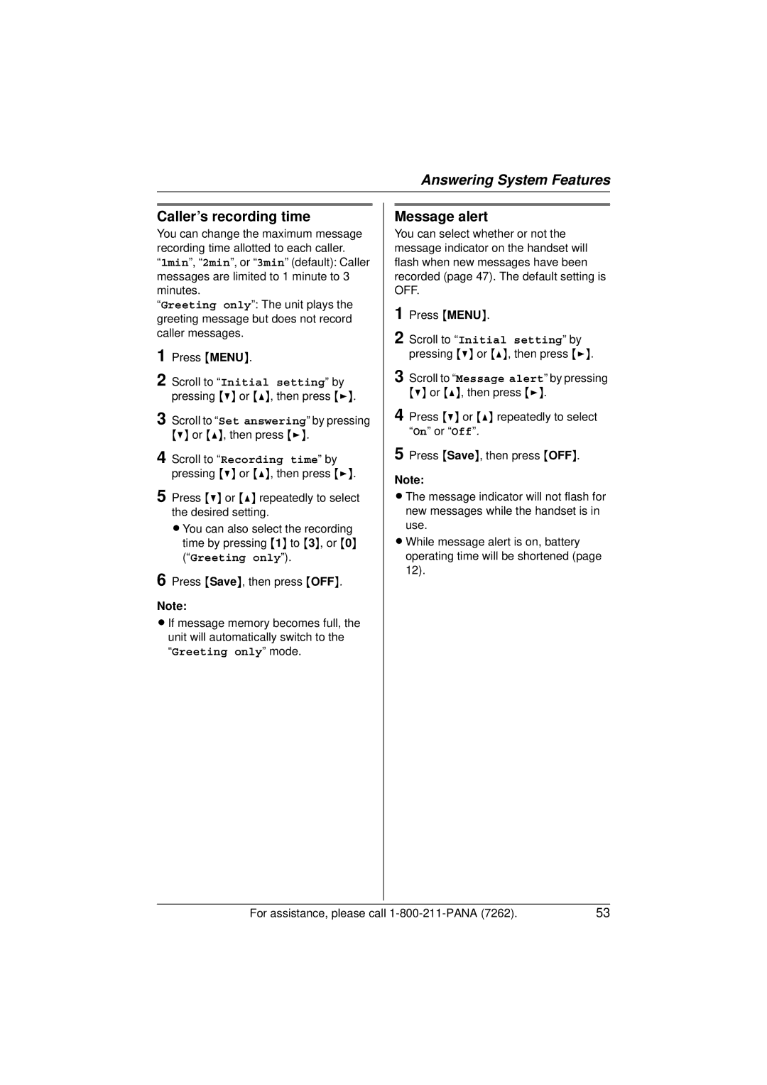 Panasonic KX-TG5433 operating instructions Caller’s recording time, Message alert, Greeting only 