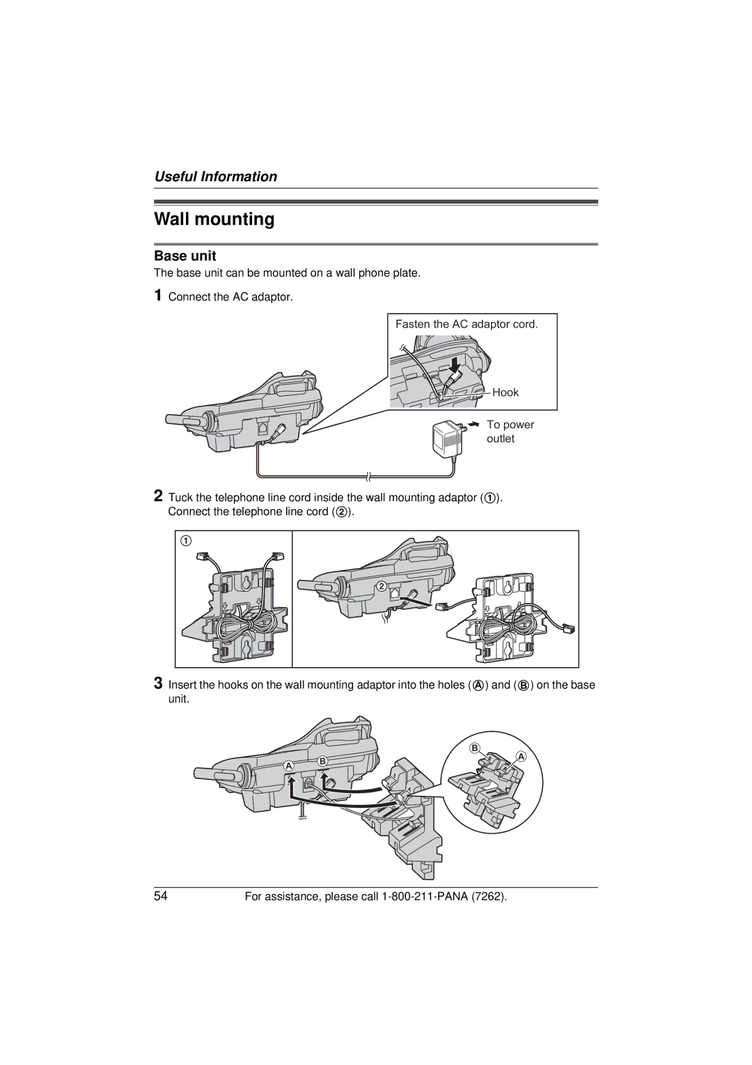 Panasonic KX-TG5433 operating instructions Wall mounting, Base unit 