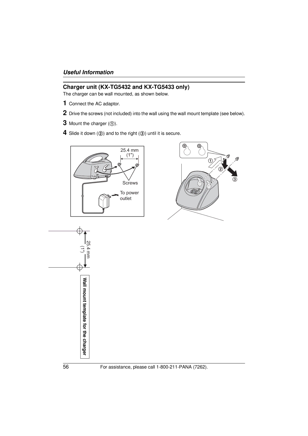 Panasonic KX-TG5433 operating instructions 25.4 mm 1Wall mount template for the charger 