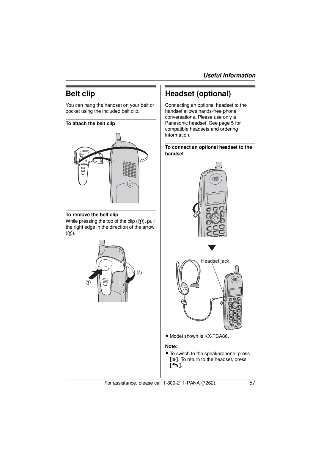 Panasonic KX-TG5433 operating instructions Belt clip, Headset optional, To attach the belt clip To remove the belt clip 