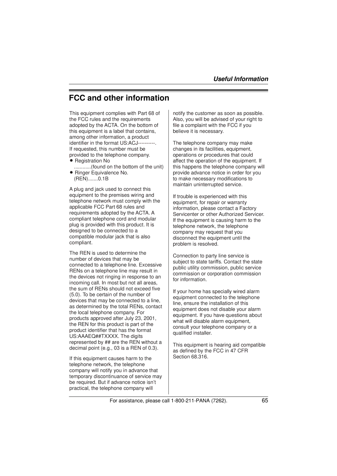 Panasonic KX-TG5433 operating instructions FCC and other information 