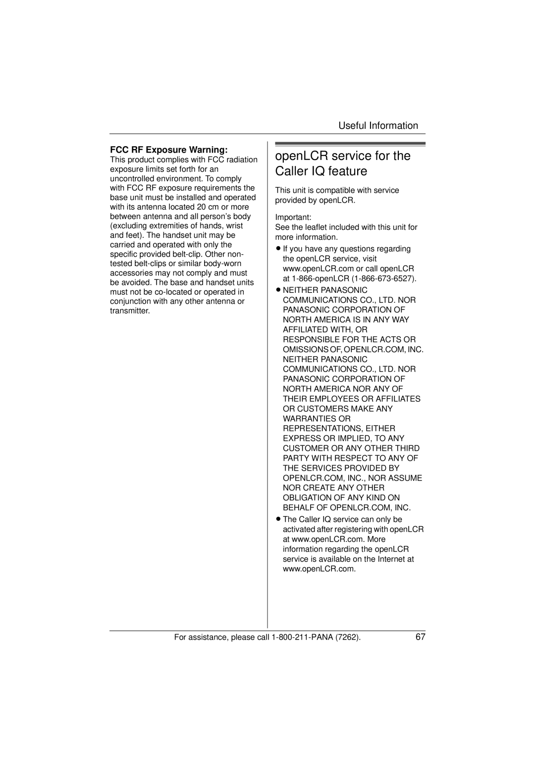 Panasonic KX-TG5433 operating instructions OpenLCR service for the Caller IQ feature, FCC RF Exposure Warning 