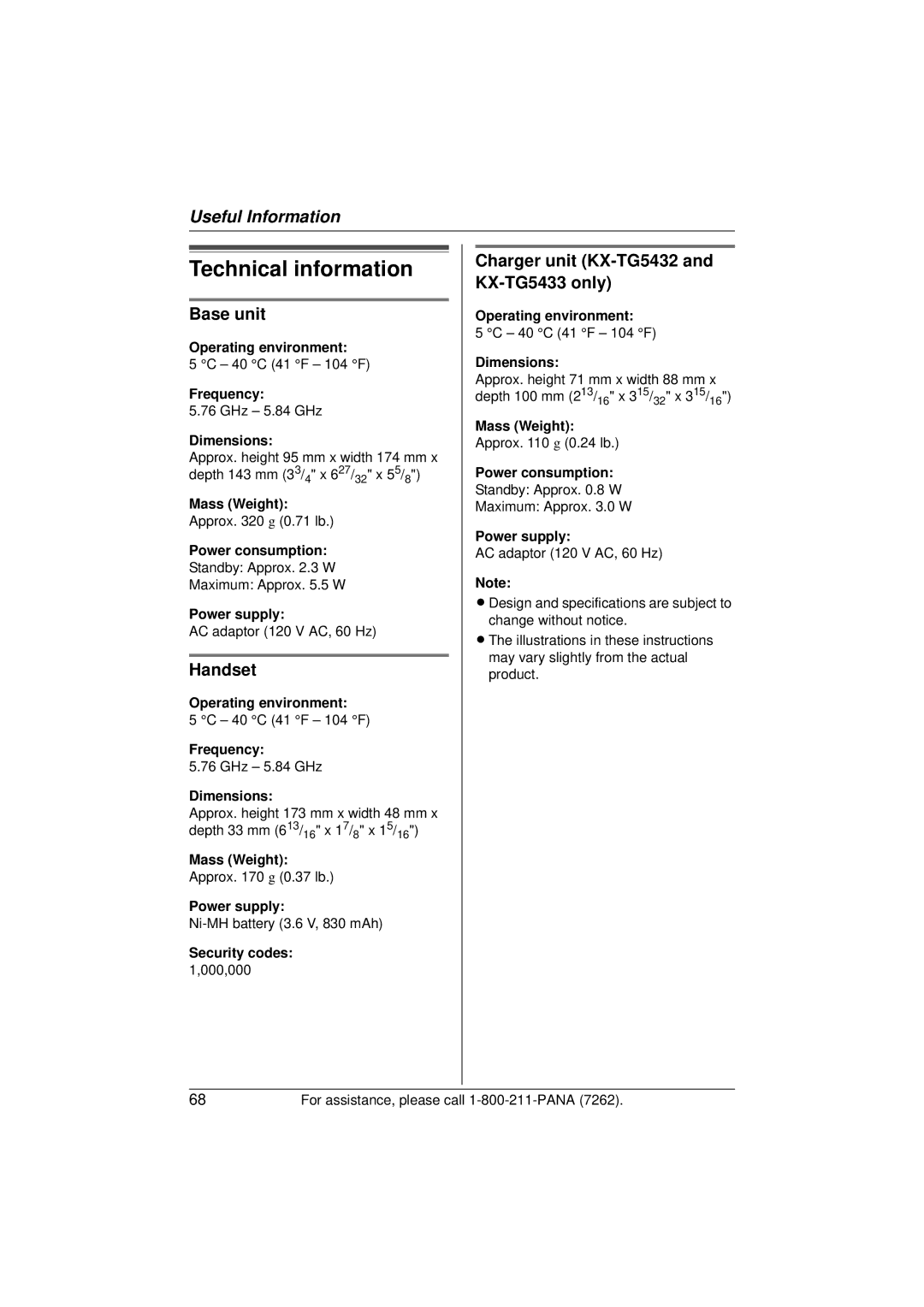 Panasonic operating instructions Technical information, Handset, Charger unit KX-TG5432 and KX-TG5433 only 