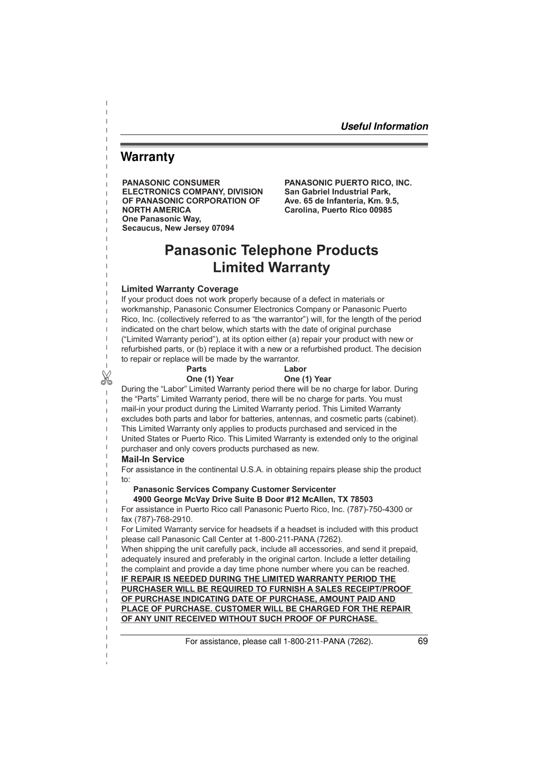 Panasonic KX-TG5433 operating instructions Panasonic Telephone Products Limited Warranty 