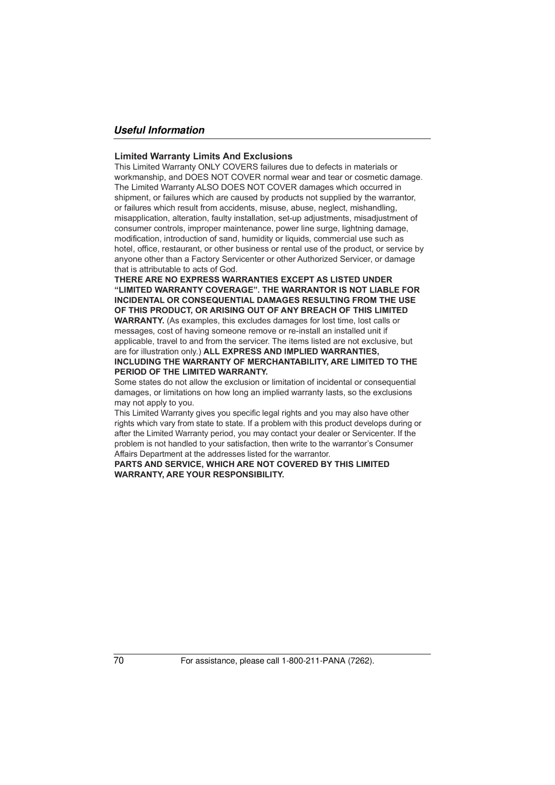 Panasonic KX-TG5433 operating instructions Limited Warranty Limits And Exclusions 