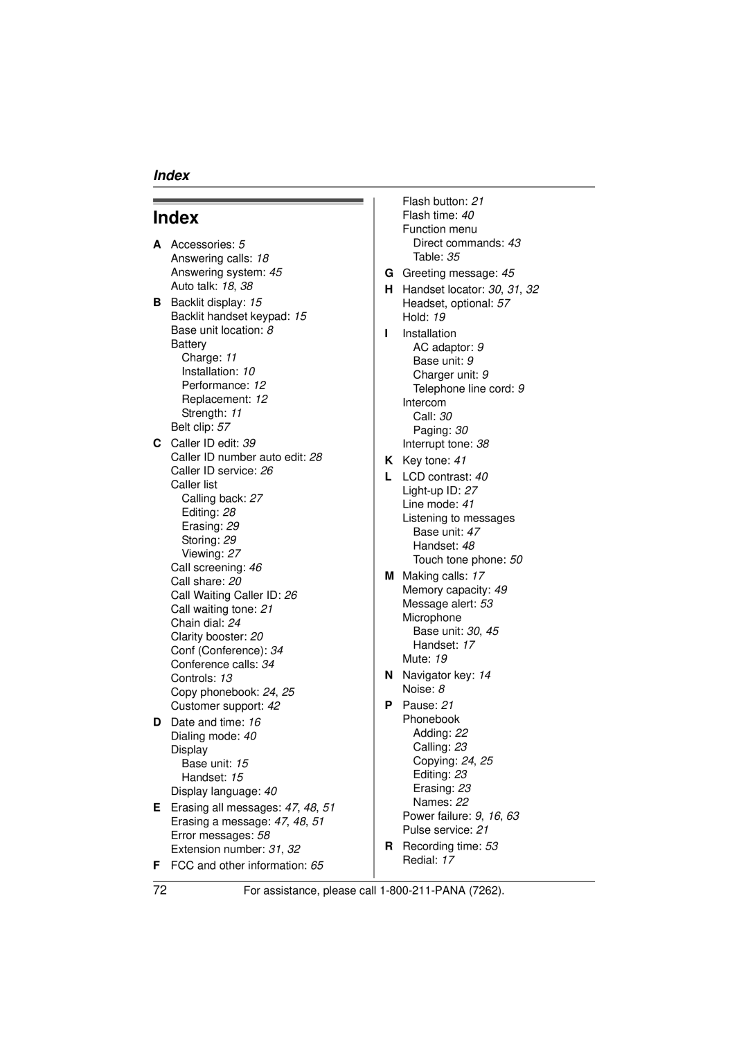 Panasonic KX-TG5433 operating instructions Index 