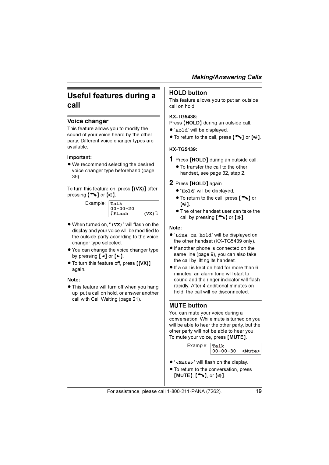 Panasonic KX-TG5439, KX-TG5438 operating instructions Useful features during a call, Voice changer, Hold button, Mute button 