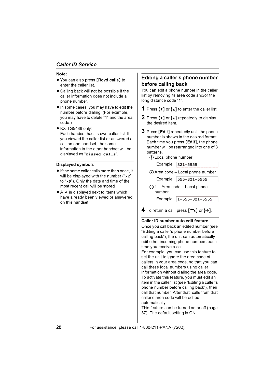 Panasonic KX-TG5438, KX-TG5439 Editing a caller’s phone number before calling back, Displayed symbols, Example 