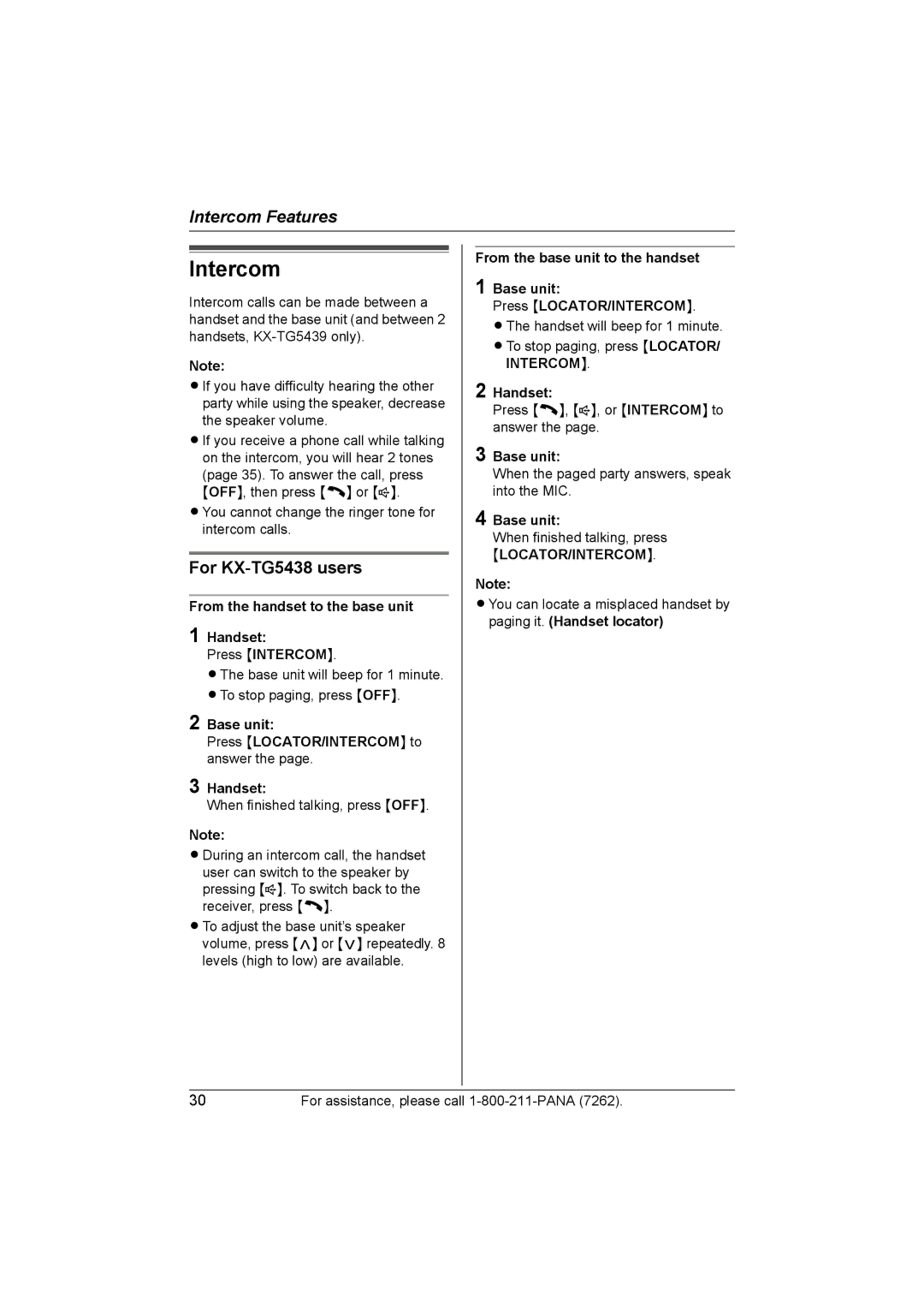 Panasonic KX-TG5439 operating instructions Intercom, For KX-TG5438 users, From the handset to the base unit Handset 