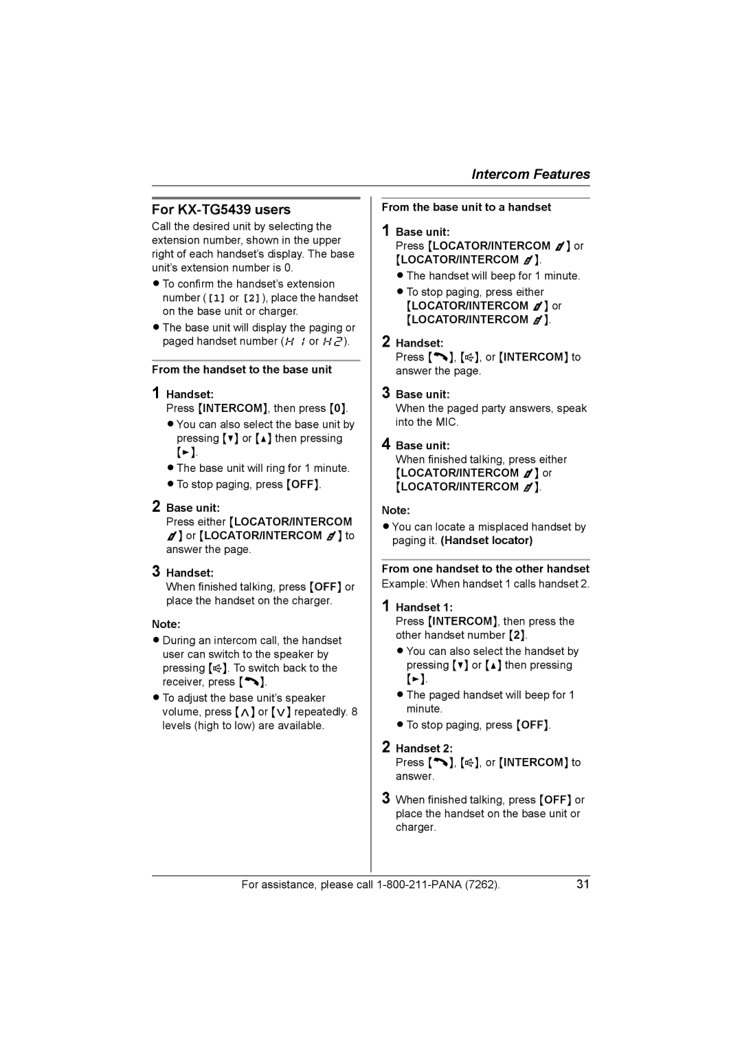 Panasonic KX-TG5438 operating instructions For KX-TG5439 users, From one handset to the other handset 