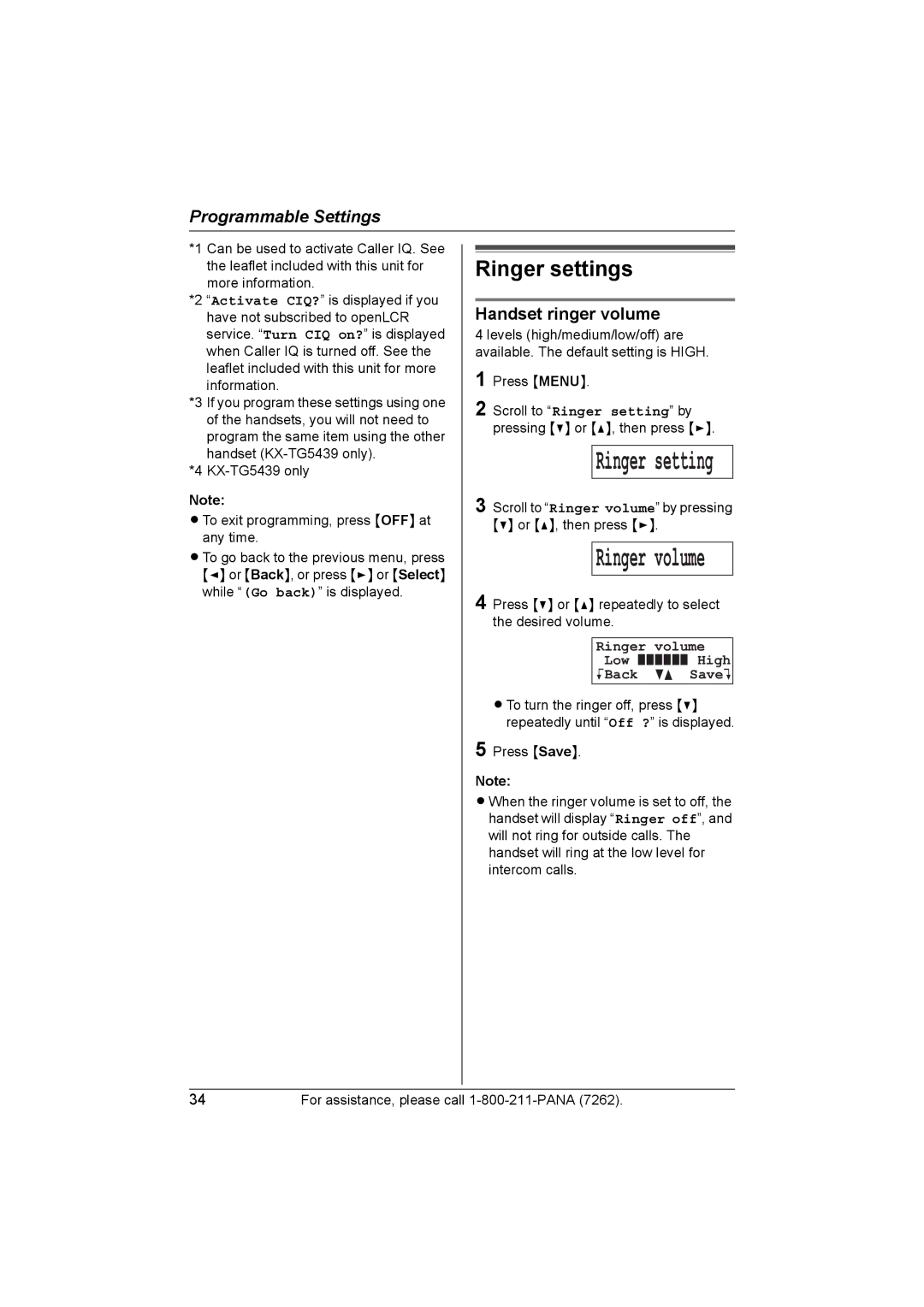 Panasonic KX-TG5438, KX-TG5439 Ringer settings, Handset ringer volume, Ringer volume Low High KBack dB SaveL 