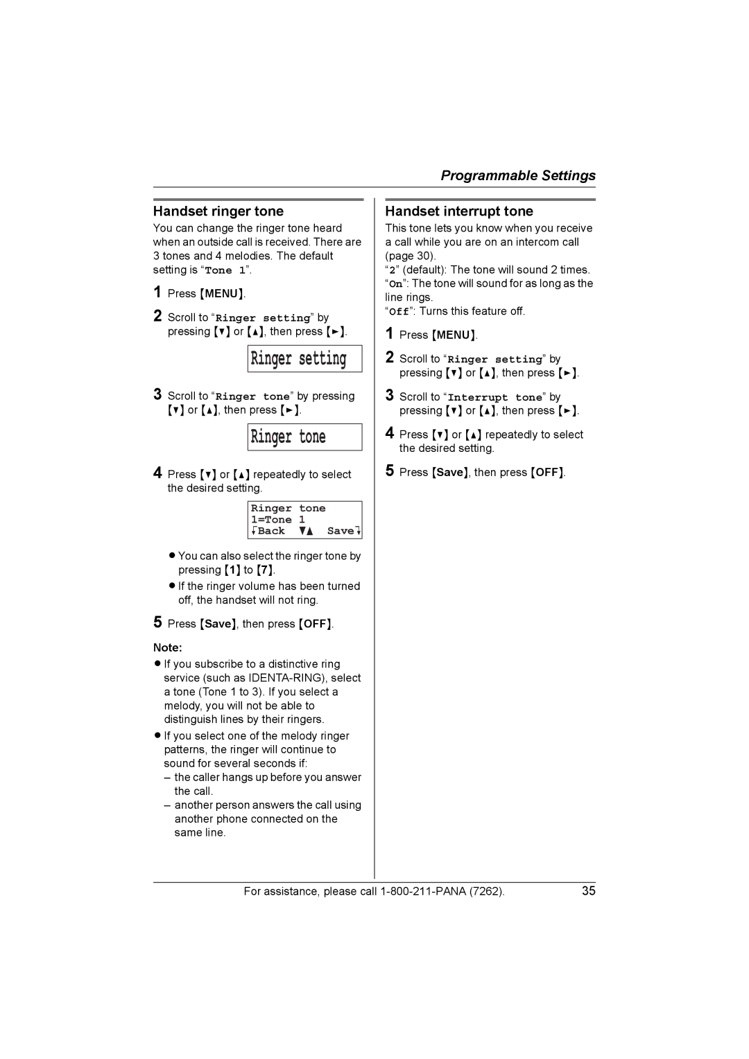Panasonic KX-TG5439, KX-TG5438 Handset ringer tone, Handset interrupt tone, Ringer tone 1=Tone KBack dB SaveL 