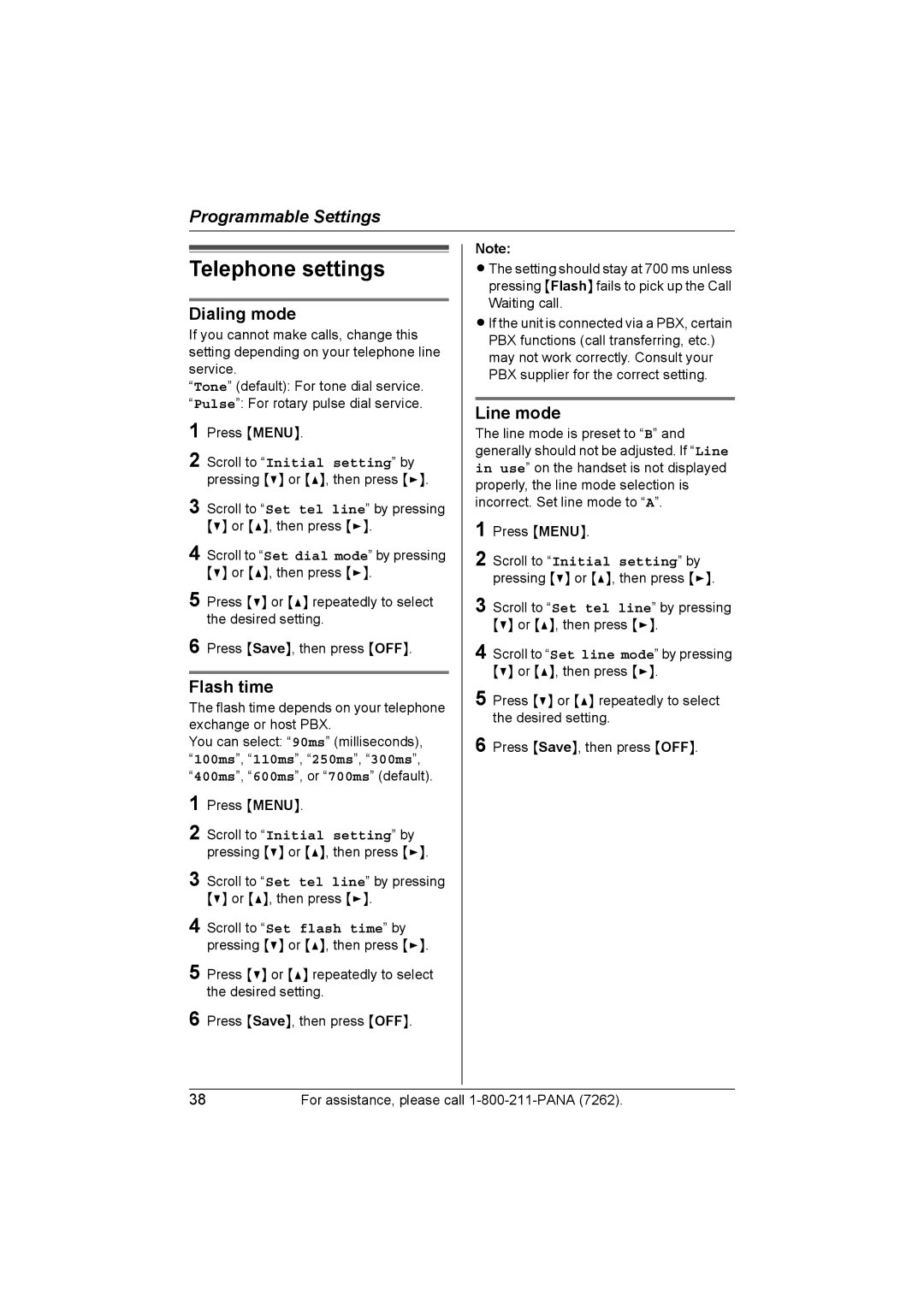 Panasonic KX-TG5438, KX-TG5439 operating instructions Telephone settings, Dialing mode, Flash time, Line mode 