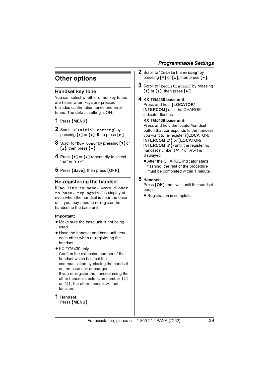 Panasonic KX-TG5439, KX-TG5438 operating instructions Other options, Handset key tone, Re-registering the handset 