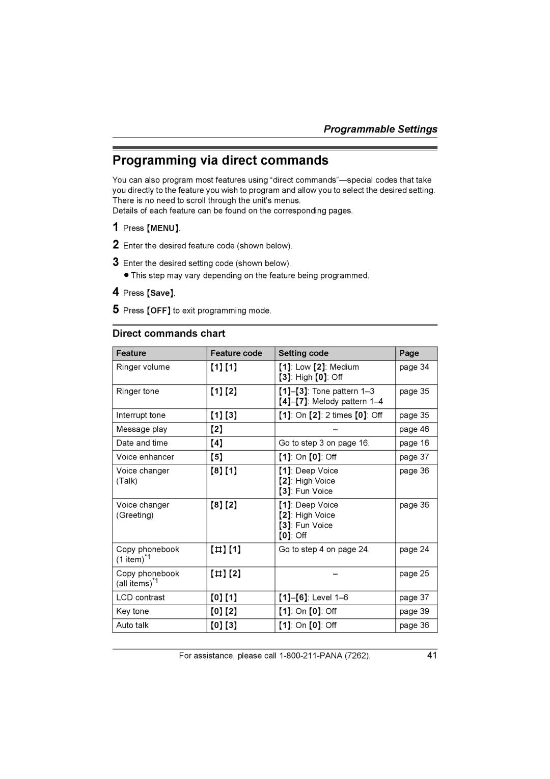 Panasonic KX-TG5439, KX-TG5438 Programming via direct commands, Direct commands chart, Feature Feature code Setting code 