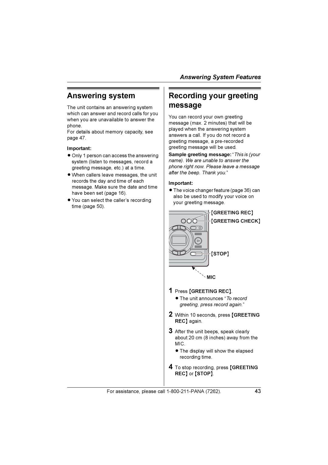 Panasonic KX-TG5439, KX-TG5438 operating instructions Answering system 