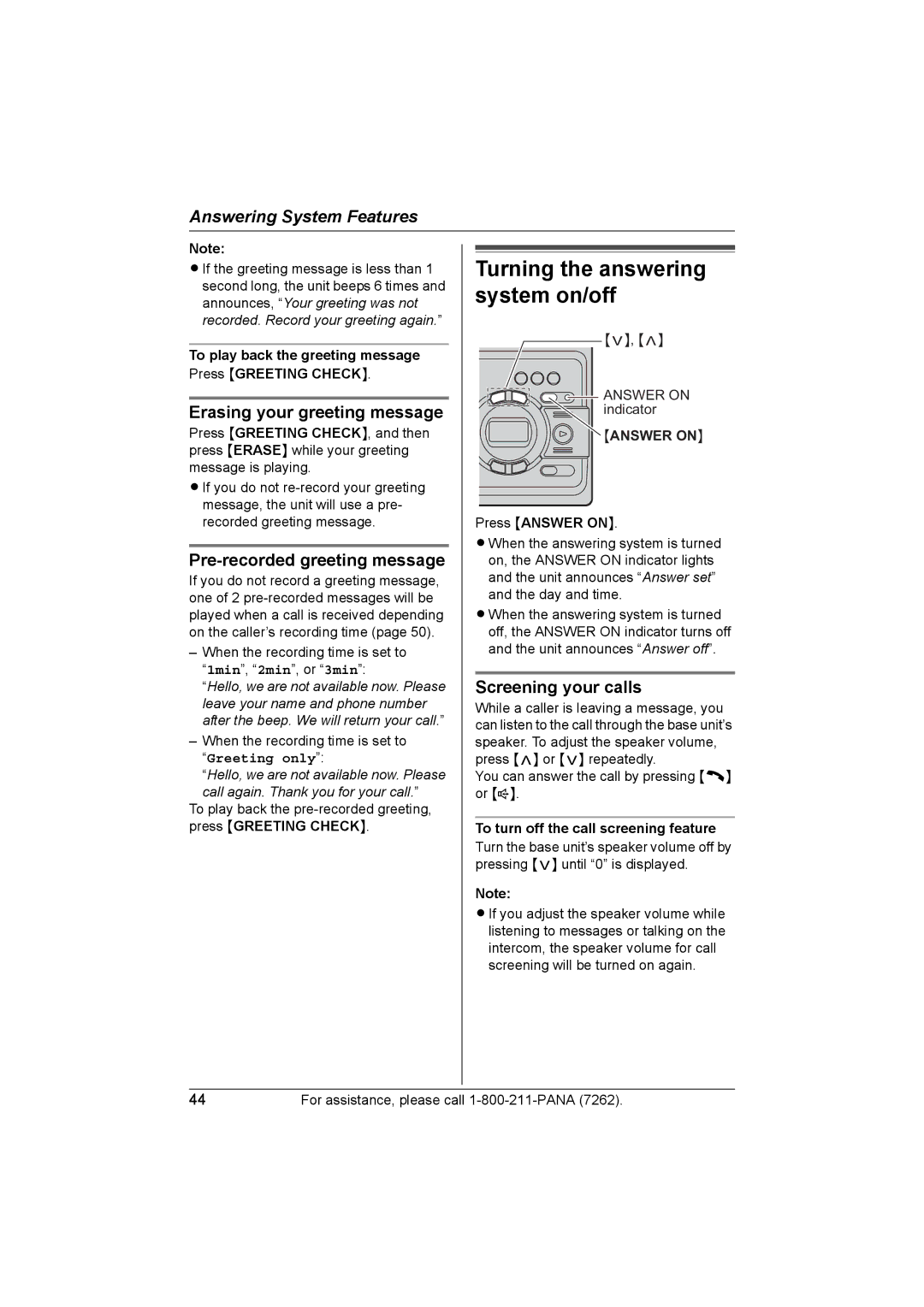 Panasonic KX-TG5438, KX-TG5439 Erasing your greeting message, Pre-recorded greeting message, Screening your calls 