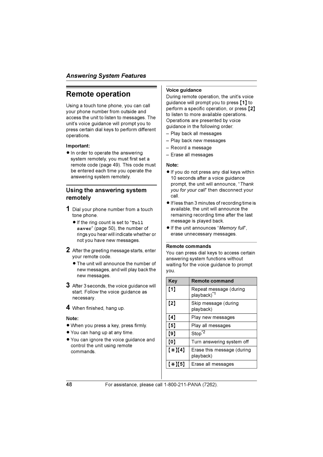 Panasonic KX-TG5438, KX-TG5439 Remote operation, Using the answering system remotely, Remote commands, Key Remote command 