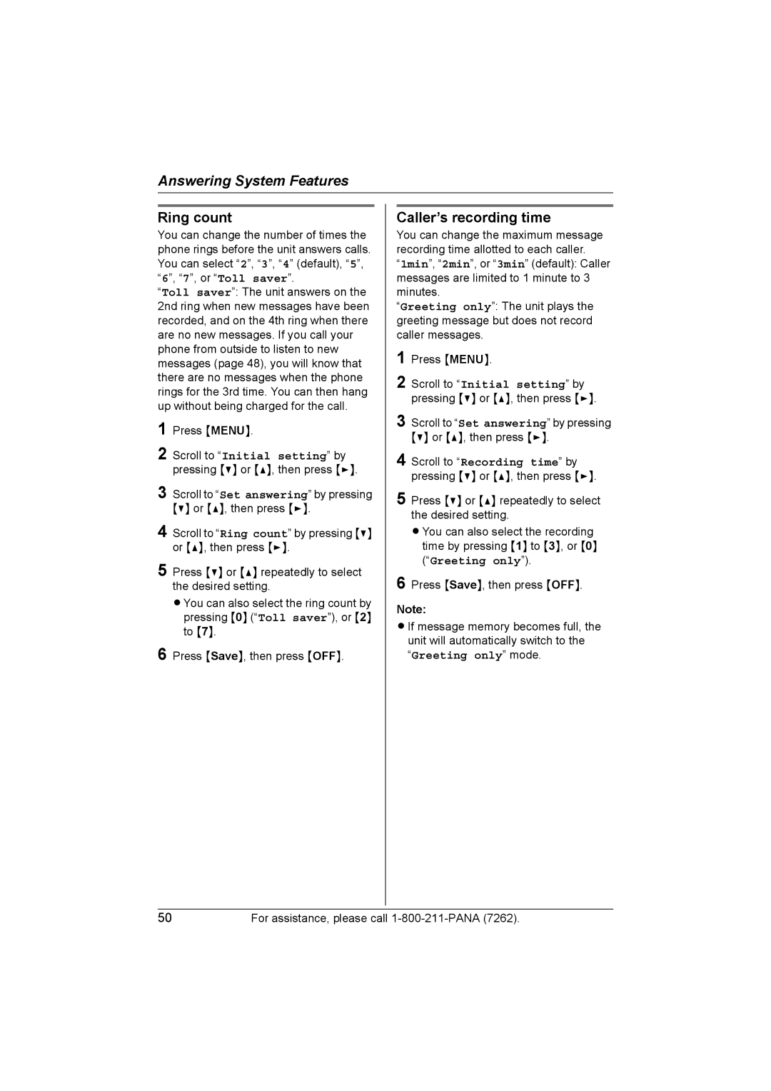 Panasonic KX-TG5438, KX-TG5439 operating instructions Ring count, Caller’s recording time, Greeting only 