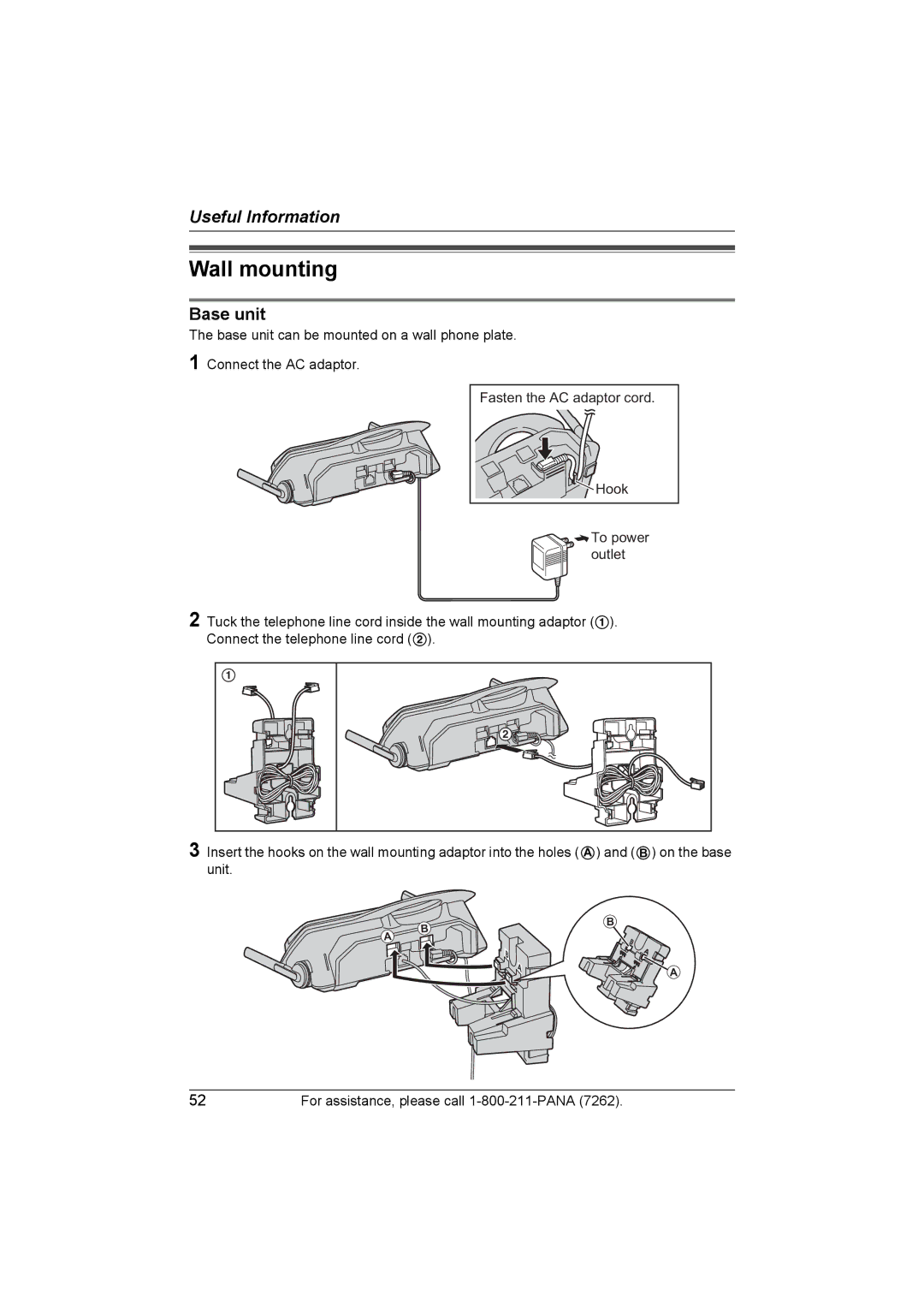 Panasonic KX-TG5438, KX-TG5439 operating instructions Wall mounting, Base unit 