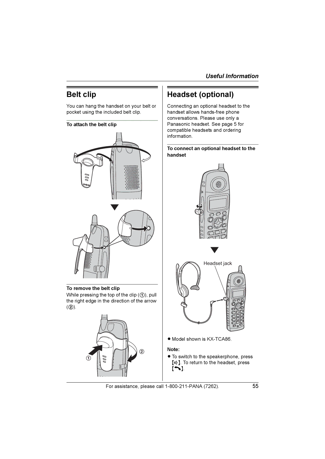 Panasonic KX-TG5439, KX-TG5438 Belt clip, Headset optional, To attach the belt clip To remove the belt clip 