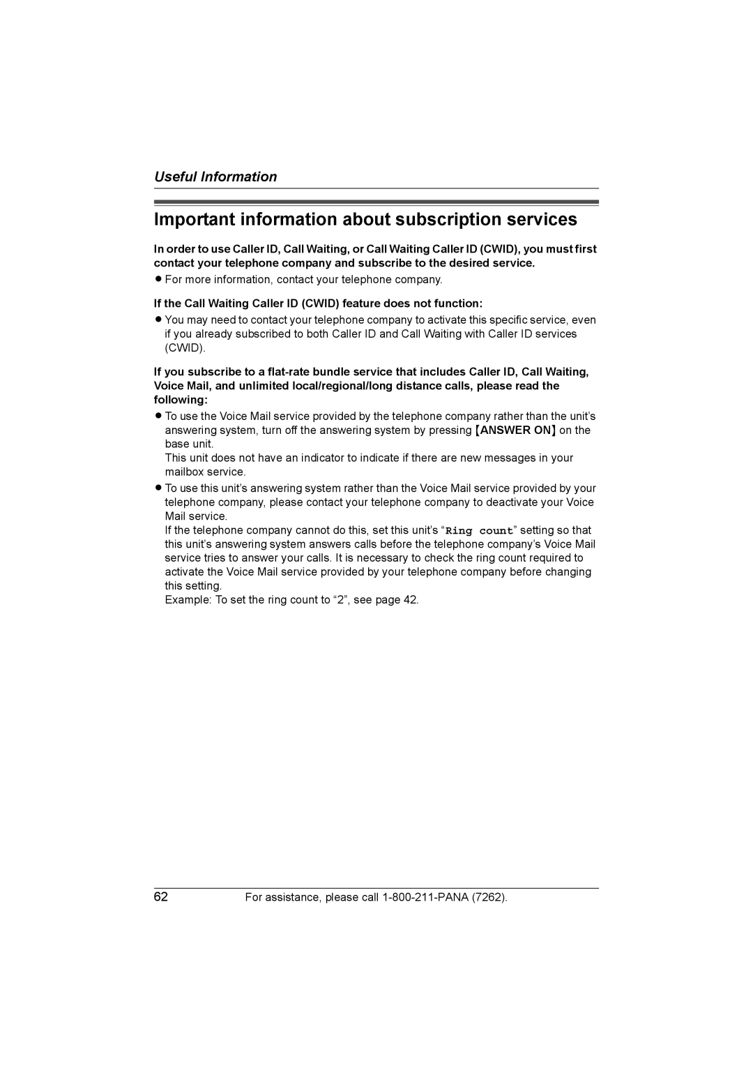 Panasonic KX-TG5438, KX-TG5439 operating instructions Important information about subscription services 