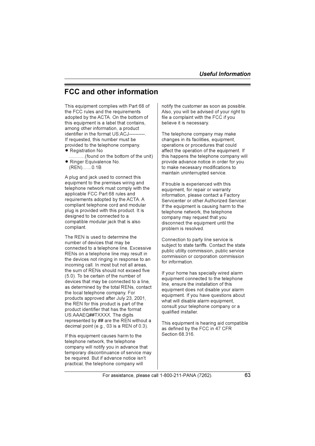 Panasonic KX-TG5439, KX-TG5438 operating instructions FCC and other information 