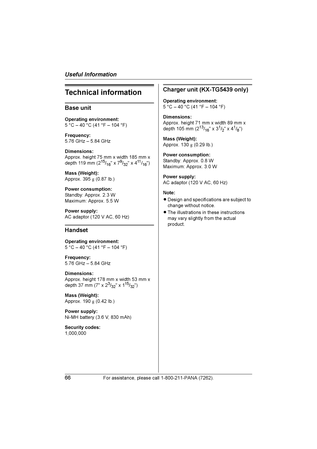 Panasonic KX-TG5438, KX-TG5439 operating instructions Technical information, Handset 