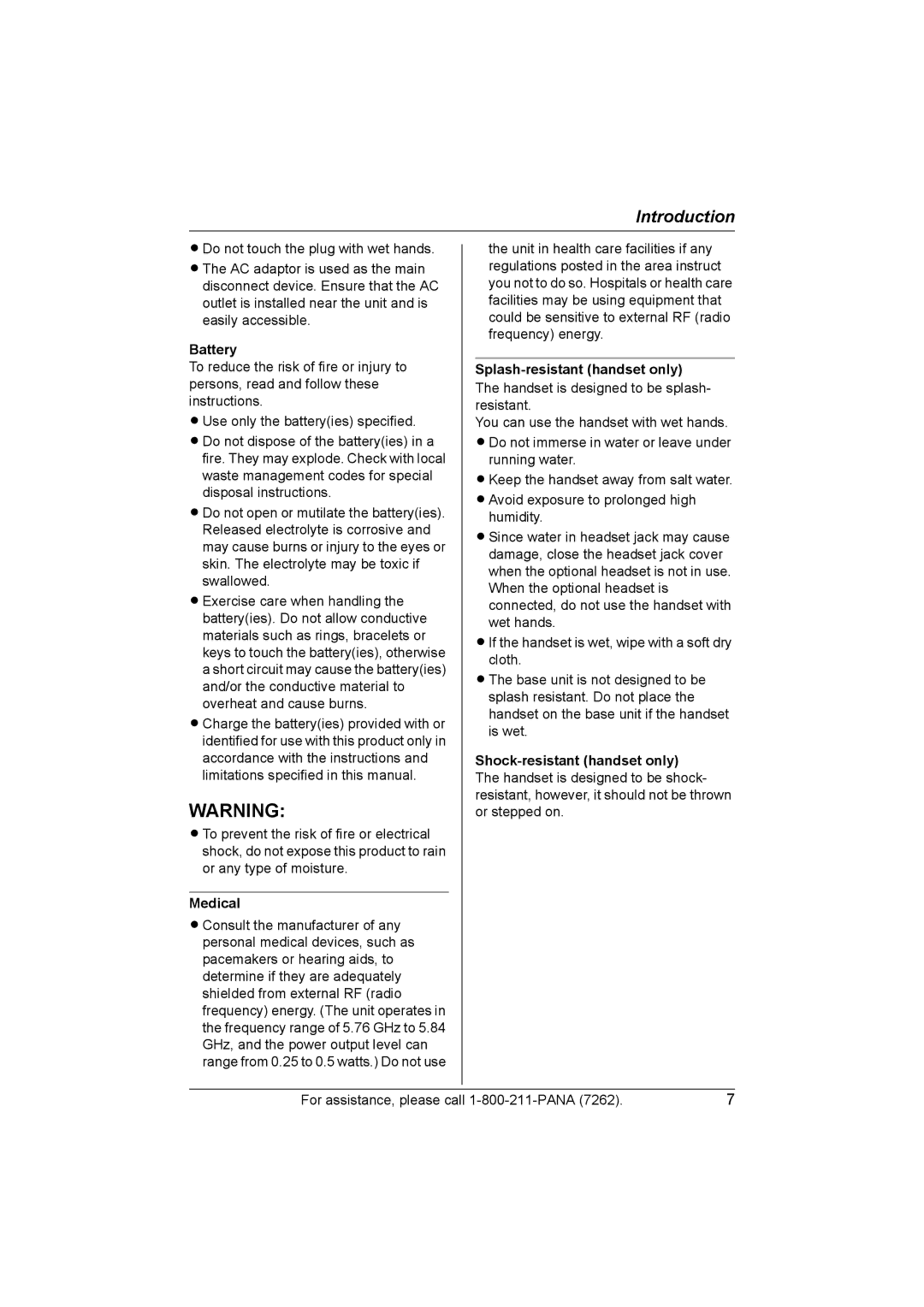 Panasonic KX-TG5439, KX-TG5438 operating instructions Battery, Medical, Splash-resistant handset only 