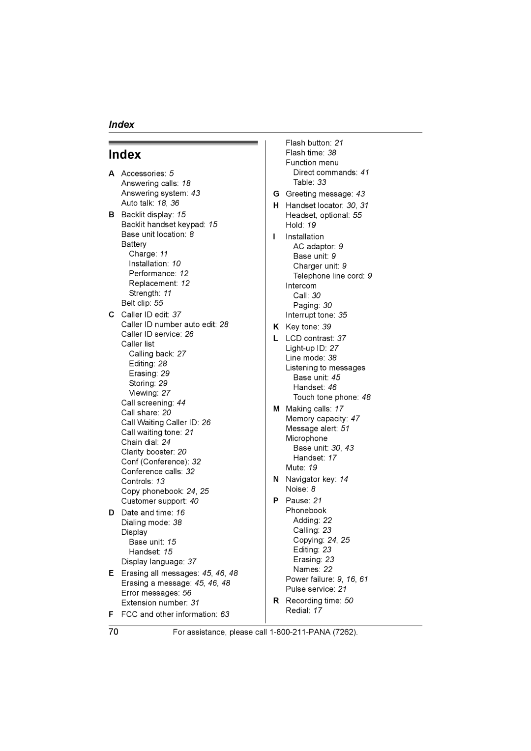 Panasonic KX-TG5438, KX-TG5439 operating instructions Index 