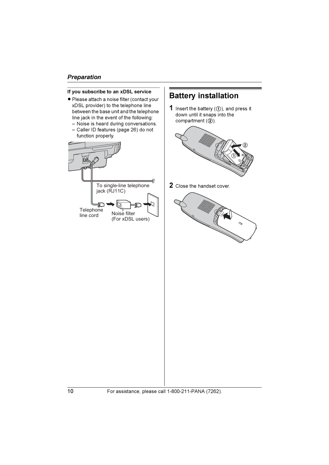 Panasonic KX-TG5453 operating instructions Battery installation, If you subscribe to an xDSL service 