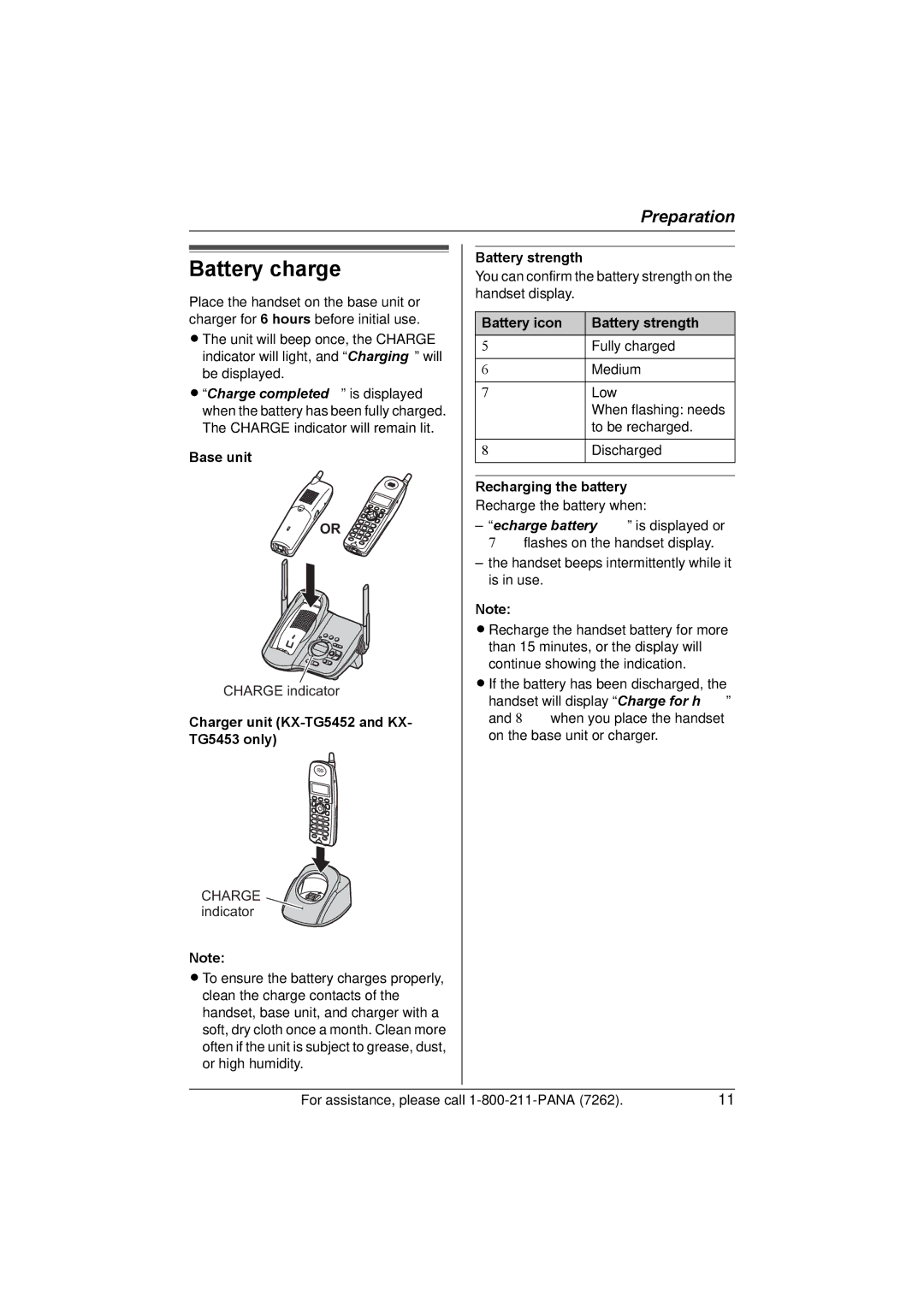 Panasonic KX-TG5453 Battery charge, Charger unit KX-TG5452 and KX- TG5453 only, Battery strength, Recharging the battery 