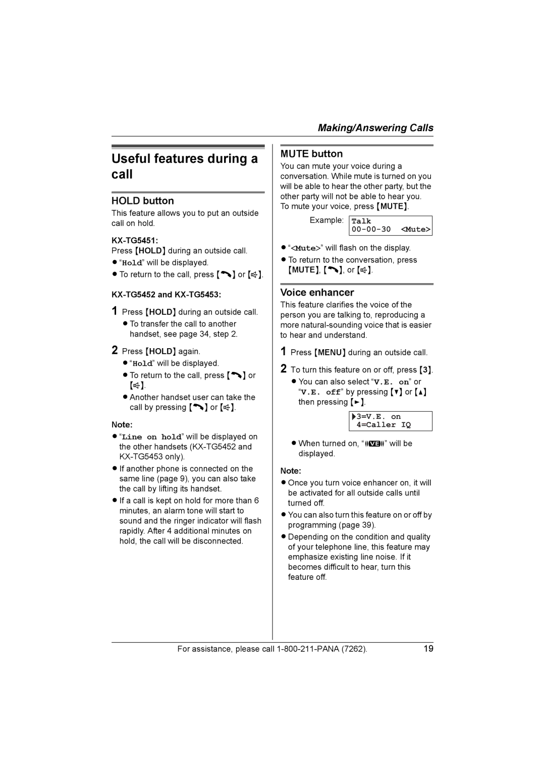 Panasonic KX-TG5453 operating instructions Useful features during a call, Hold button, Mute button, Voice enhancer 