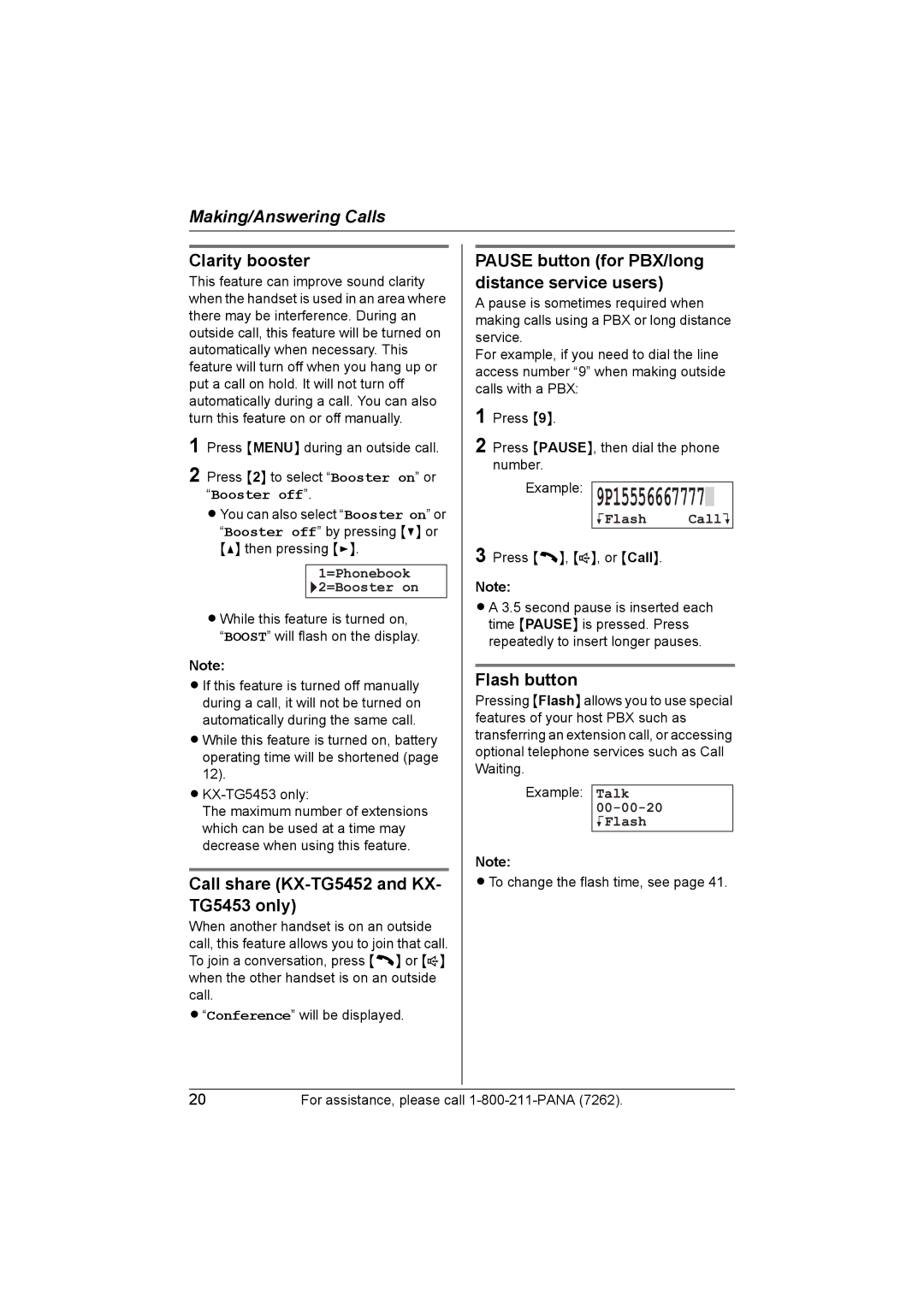 Panasonic KX-TG5453 operating instructions Clarity booster, Call share KX-TG5452 and KX- TG5453 only, Flash button 