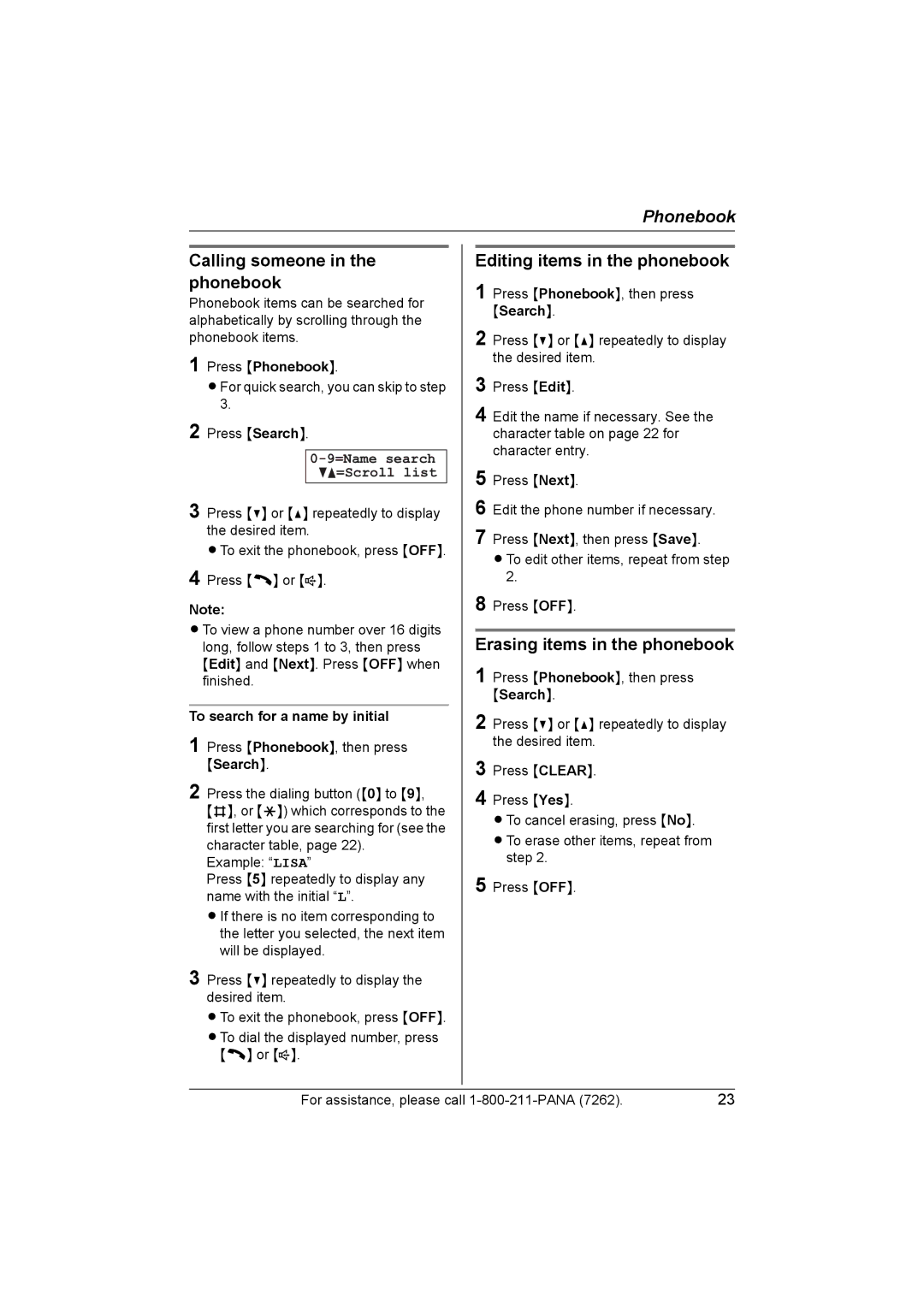 Panasonic KX-TG5453 Calling someone in the phonebook, Editing items in the phonebook, Erasing items in the phonebook 